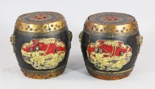 A pair of Chinese polychrome decorated barrel shaped storage jars, 19th century, with composition
