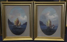 A pair of late 19th century Chinese School gouache paintings, of Junks at sea, oval, 14 x 9.25in.