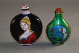Two Chinese enamel on copper snuff bottles, the first decorated with European portraits of ladies,
