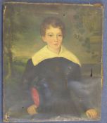 Early Victorian Schooloil on canvas,Portrait of a boy in a landscape,30 x 25in. unframed.