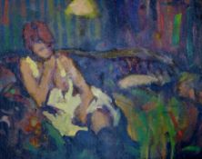 Ken Moroney (1949-)oil on board,Nude on a settee,unsigned,7.5 x 9.5in.