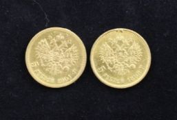Two Russian gold five ruble coins, 1898 & 1901.