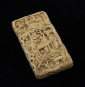 A small Chinese export ivory card case, carved in relief with figures amid pavilions and trees, 3.