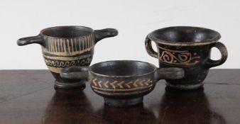 Three Greek black glazed pottery miniature vessels, Southern Italy, c.4th century B.C., comprising