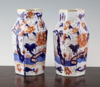 A pair of English ironstone Japan pattern octagonal vases, early 19th century, each painted with