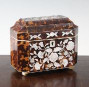 A Regency tortoiseshell and mother of pearl floral inlaid tea caddy, with stepped top, on ball feet,