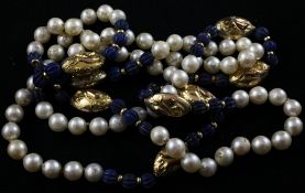 A 20th century gilt metal mounted cultured pearl and lapis lazuli bead necklace, 36.5in.