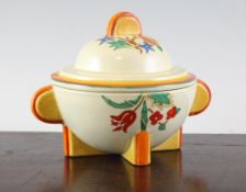 A Clarice Cliff `Ideal Home` pattern Bonjour shaped lidded dish, facsimile signature mark, 7.8in.
