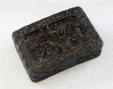 A 19th century Chinese export carved tortoiseshell rectangular snuff box, carved in high relief with