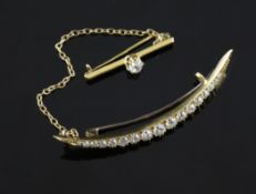 A 1940`s? 18ct gold and diamond set crescent brooch, with safety chain and diamond set pin brooch,