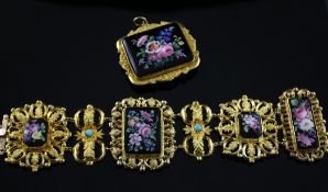 A cased Victorian gold, enamel and turquoise set demi parure, comprising bracelet and matching