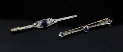 Two 1920`s gold, sapphire and diamond set bar brooches, unmarked, 2.5in et infra.