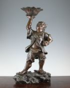A large Japanese bronze figure of Raiden, early 20th century, his right arm holding aloft a lotus