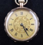 An early 20th century continental 9ct gold keyless fob watch, with foliate engraved case and Roman