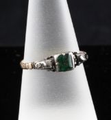 A late 17th/early 18th century emerald and diamond set ring, with part reeded shank, size P.