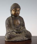 A Japanese cast bronze seated figure of Buddha, 19th century, wearing floral robes, 12in.