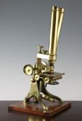 A Ross of London lacquered brass binocular microscope, in fitted mahogany box with assorted lenses