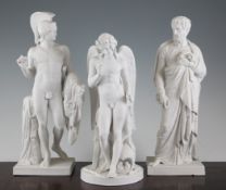 Three Copenhagen biscuit porcelain figures, 19th century, the first of a Roman bearded man, 12.5in.,