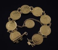 A middle eastern gold coin bracelet set with nine Persian gold coins, gross 27 grams.