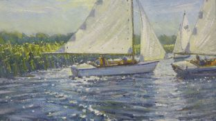 John Stillman (20th C.)oil on board,`Sailing on the Thume, Norfolk`,signed,7 x 11.75in.
