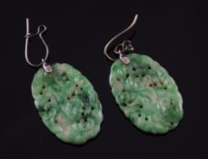 A pair of Chinese carved jade drop earrings, 1in.