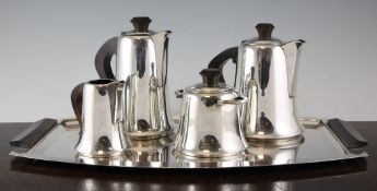 A Ravinet D`Enfert Art Deco bronze and rosewood five piece plated tea and coffee set