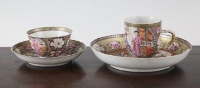 A Chinese export mandarin pattern trio and a similar saucer dish, Qianlong period, each painted with