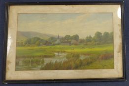 W.J. Fergusonwatercolour,The village of Bury, Sussex from the Amberley meadows,signed, label verso,