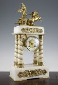 A French ormolu mounted white marble portico clock, with enamelled Roman chapter ring, 19in.