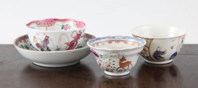 Three Chinese export teabowls and a saucer, 18th century, each painted in famille rose enamels