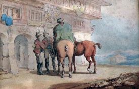 Charles Cooper Henderson (1803-1877)watercolour,Horsemen and soldiers beside a house,monogrammed,5.5