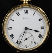 A George V 18ct gold Rolex keyless lever pocket watch, with Roman dial and subsidiary seconds, the
