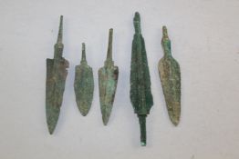 A collection of five Greek bronze arrow heads, largest 6in.