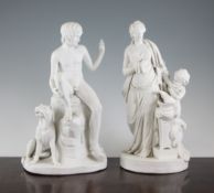 A Bing & Grondahl biscuit porcelain figure of a nude youth, 19th century, seated upon a goats fleece
