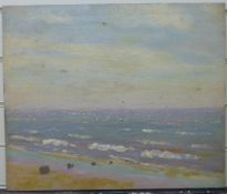 Hubert Arthur Finney (1905-1991)oil on board,Biplane over the coast,studio stamp verso,15 x 18in.
