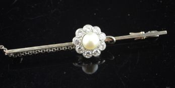 An 18ct gold, diamond and cultured pearl cluster bar brooch, 2.25in.