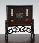 A Chinese jade and hardstone mounted rosewood table screen, late 19th / early 20th century, the