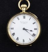 An early 20th century Swiss 18ct gold fob watch, with Roman dial, and case engraved with monogram,