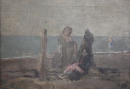 Rodney Joseph Burn (1899-1984)oil on canvas,Figures on Brighton Beach 1922,initialled,10 x 14in.