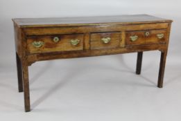 A George III oak dresser, with three drawers, on chamfered square legs, 2ft 6in. x 5ft x 1ft 7.5in.