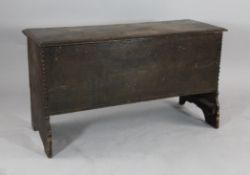 A late 17th century oak six plank coffer, on standard end supports, 1ft 10in. x 3ft 2in. x 1ft 2in.