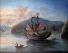 Chinese school, late 19th century, oil on board, junks and other boats at sail in harbour at sunset,