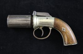 A 19th century six shot pepperbox percussion revolver, stamped `improved revolver`, with