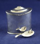 A George V silver tea caddy, of plain oval form, with engraved initials, Deakin & Francis,