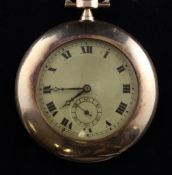 A George V 18ct gold keyless lever dress pocket watch, with Roman dial and subsidiary seconds.
