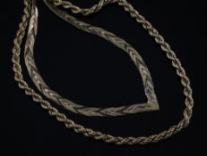 A modern 9ct gold rope twist necklace, 23.5in, together with a three colour gold woven link