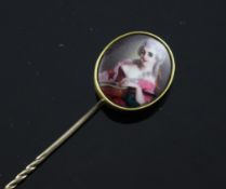 A gold and oval enamel stick pin, decorated with portrait of a young lady, 3.75in.