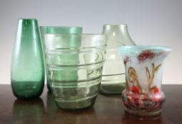 Four Whitefriars green glass vases, mid 20th century, three spiral moulded, one of globular form,