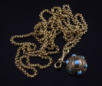 A Victorian gold and turquoise set memorial locket pendant, of circular form, together with a gold