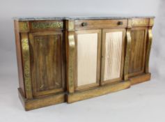 A William IV brass inlaid rosewood inverted breakfront cabinet, with veined gray marble top over